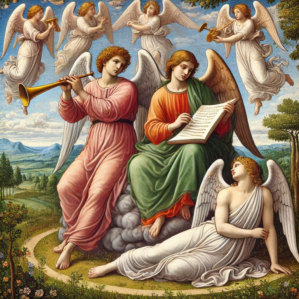 This image has an empty alt attribute; its file name is Botticelli-style-image-of-an-angel-reading-an-epistle-to-his-angel-friends-with-an-angel-sounding-a-trumpet.jpg